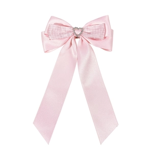 Barrette à cheveux en satin rose avec nœud multicouche et pendentif cœur en strass