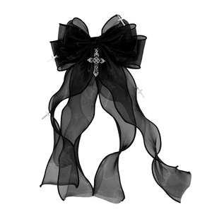 Nœud à cheveux gothique en tulle noir avec croix argentées et longs rubans pendants