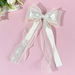 Barrette Nœud en Dentelle et Maille Avec Longs Rubans Épingle à Cheveux Nœud à Pois Douce Coiffe Élégante en Satin pour Femmes Filles Accessoires de Fête