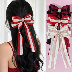 Elegant Double Layer Satin Bowknot Hair Clip With Long Ribbon Lace Edges Faux Artificial Pearl Sweet Hair Accessories For Women
