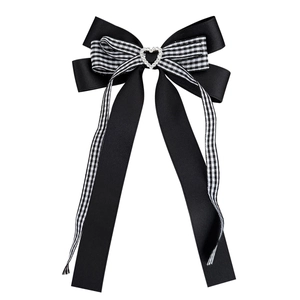 Barrette à nœud écossais de style British avec strass en cœur et longs rubans