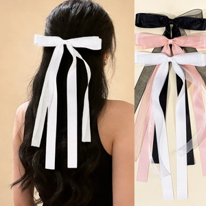 Ballet Style Long Ribbon Bow Hair Clip For Women Sweet Mesh Ribbon Handmade Double Layer Duckbill Clip Hair Accessories