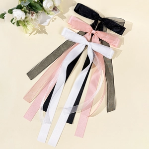 Three-piece set of long ribbon mesh bow hair clips in black, white, and pink colors
