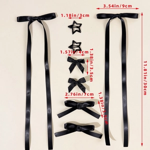 8-piece black ribbon bow hair clip set with long streamers and star hairpins