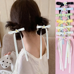 Sweet Ballet Girl Ribbon Bowknot Hair Clip With Daisy Flower Embroidery Long Streamers Princess Style Hair Accessories Women Jewelry