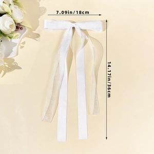 White satin bow hair clip with long tassels and ballet style ribbons for women