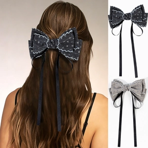 French Vintage Floral Bow Hair Clip With Long Ribbon And Lace Edge For Women Elegant Fabric Duckbill Clip Hair Accessory