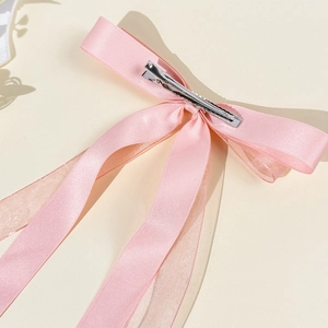Pink tulle bow hair clip with satin ribbons and silver metal alligator clip for women