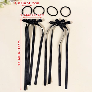 Ballet style ribbon bow hair clips and elastic hair ties set in black glossy satin