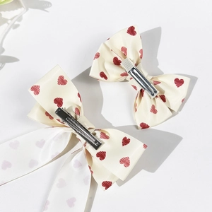 Sweet cream bow hair clip set with red heart print and elegant long ribbon streamers