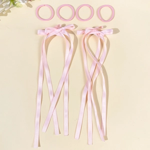 Pink balletcore ribbon bow hair clips set with long tassels and matching elastic hair bands