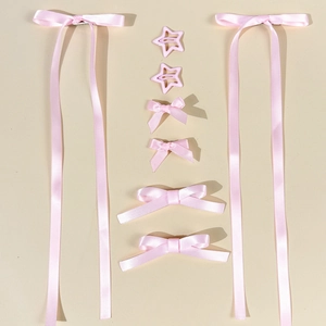 Pink ribbon bow hair clips set with satin fabric and star metal pins for balletcore style