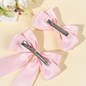Lot de barrettes nœuds en satin rose pastel avec pinces bec de canard en métal