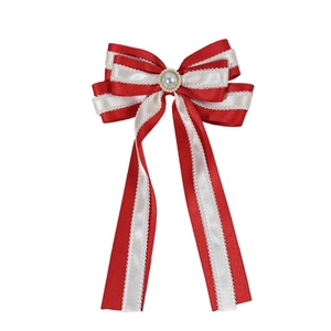 Elegant red and white layered bow hair clip with pearl center and long ribbons