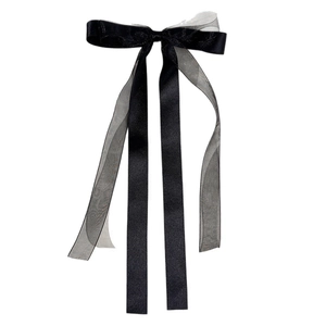 Elegant black double-layered satin and tulle bow hair clip with long ribbon streamers