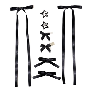 8-piece black satin ribbon bow hair clips set with star hairpins for ballet style hairstyles