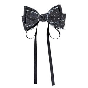 French style herringbone bow hair clip with white scalloped lace edges and long black ribbons
