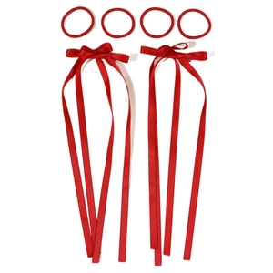 Red ballet-style ribbon bow hair clips set with long streamers and elastic bands