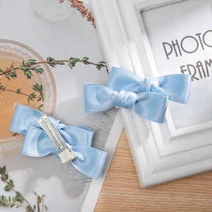 Satin ribbon double bow hair clips in light blue with non-slip metal duckbill clips