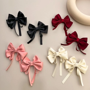 Women Elegant Satin Bow Hair Clip With Long Ribbon Streamer Solid Color Handmade Duckbill Clip Fashion Hair Accessory