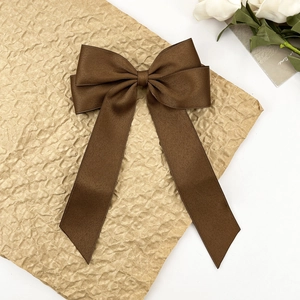 Détail d'un élégant nœud à cheveux en satin marron chocolat avec de longs rubans