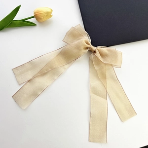 Detail view of champagne mesh bow hair clip with elegant long ribbons on white background
