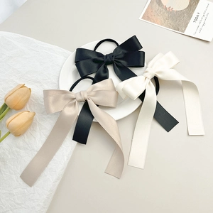 Chouchou Nœud en Satin Style Français avec Long Ruban Corde à Cheveux Double Couche Bandeau Élastique Femme Accessoires Cheveux