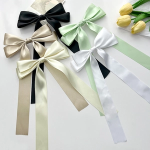 Elegant Satin Bowknot Hair Clip With Long Streamers For Women Solid Color French Style Hair Accessory Wedding Party Gift