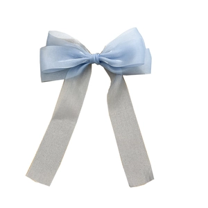 Détail d'un nœud papillon en organza bleu clair avec de longs rubans pour femmes