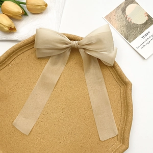 Détail de la pince à cheveux avec nœud en tulle champagne et longs rubans élégants