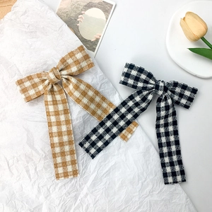 Vintage Plaid Bow Hair Clip With Long Streamers Gingham Fabric Bowknot Spring Clip Japanese Style Hair Accessory For Women