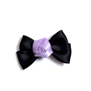 Elegant black satin bow hair clip with a purple silk rose centerpiece for women