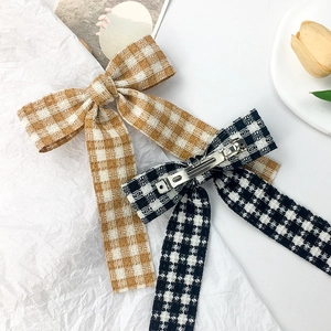 Japanese style plaid ribbon bow hair clip with vintage tweed fabric for women