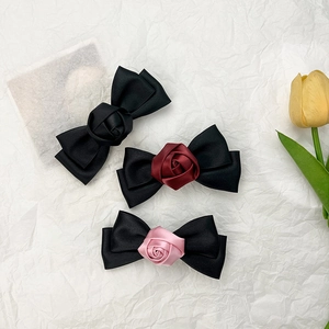 Elegant Satin Bow Hair Clip With Handmade Rose French Vintage Fabric Hair Accessories For Women Side Clip Headwear