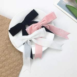Sweet Velvet Bow Hair Clip Long Ribbon Duckbill Clip French Vintage Handmade Hair Accessory For Women Girls Party Daily