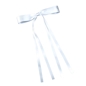 Light blue satin hair clip with long ribbons and smooth silk finish on white background