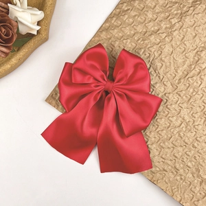 Détail du nœud papillon en satin rouge sur fond de cœurs avec décor floral élégant