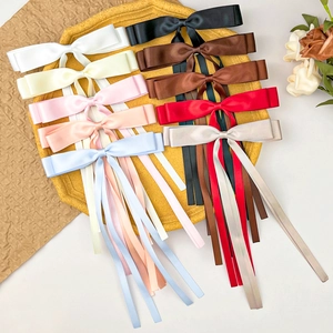 Elegant Satin Bowknot Hair Clip With Long Ribbon Streamer Handmade Solid Color Headpiece For Women Daily Party Accessory