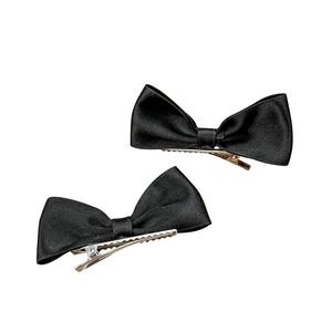 Set of two black bow hair clips in textured satin fabric with silver metal duckbill clips