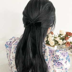 Barrette à cheveux élégante en velours noir avec long ruban pour coiffure mi-haute
