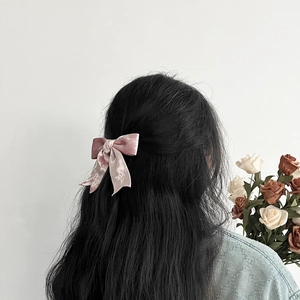 Roze fluwelen strik haarspeld op model voor een zoet en elegant prinsessenkapsel