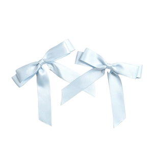 Elegant pair of light blue satin ribbon bow hair clips with a long flowing design