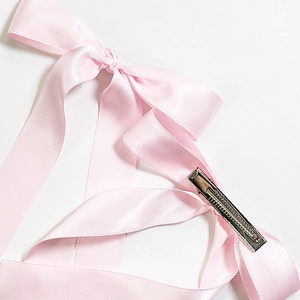 Pink satin ribbon bow hair clip with silver metal alligator grip for women and girls