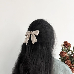 Detailweergave van een champagnekleurige fluwelen strik haarclip in donker haar