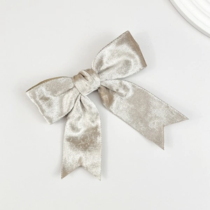 Detailweergave van de champagne goudkleurige fluwelen haarclip met elegant ontwerp