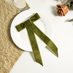 Détail d'un nœud papillon en velours vert foncé avec de longs rubans sur assiette