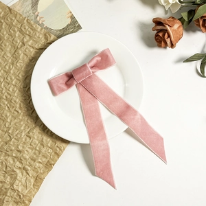 Détail du nœud papillon en velours rose avec rubans sur une assiette blanche élégante