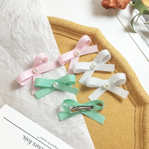 Sweet bow hair clip set with pearls in pink, white and mint green for girls