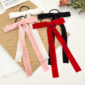 French Vintage Velvet Bow Hair Tie With Long Ribbon Sweet Bowknot Elastic Hair Band For Women Girls Daily Accessory