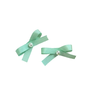 Sweet mint green ribbon bow hair clips with faux pearl accents for women and girls